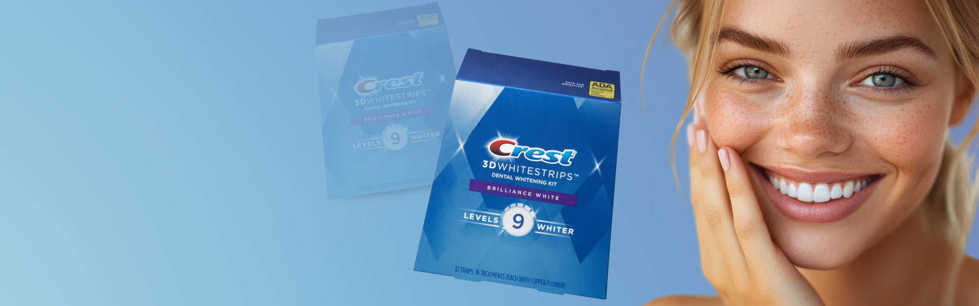 Baner promujący paski wybielające Crest 3D Whitestrips Brilliance White z uśmiechniętą kobietą